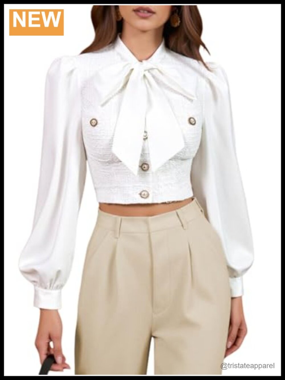 Tweed Crop Blouse with Bow Tie Neck, Button Down Long Sleeve Top